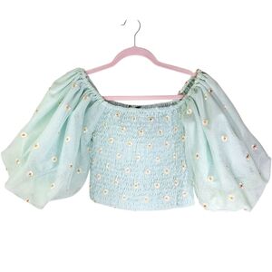 Puff Sleeve Crop Top Womens Small Smocked Daisies Mint Pastel Green Fairy Boho